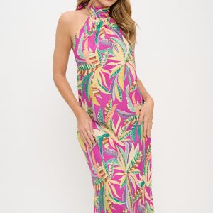 Tropical Print Halter neck Backless Midi Dress