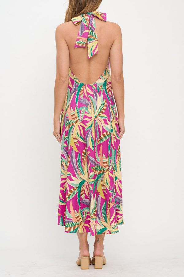 Tropical Print Halter neck Backless Midi Dress - Image 5