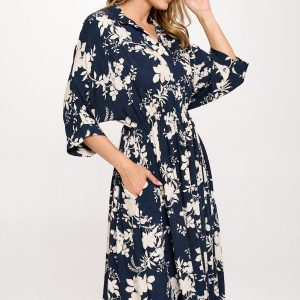 Floral Print Collared V neck Dress with Pockets