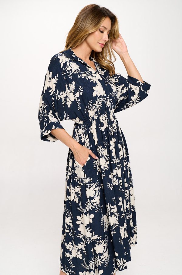 Floral Print Collared V neck Dress with Pockets