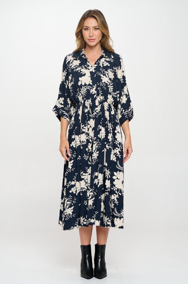 Floral Print Collared V neck Dress with Pockets - Image 2