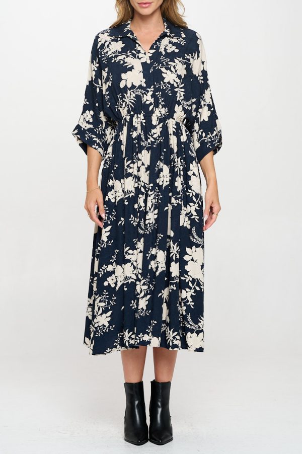 Floral Print Collared V neck Dress with Pockets - Image 3