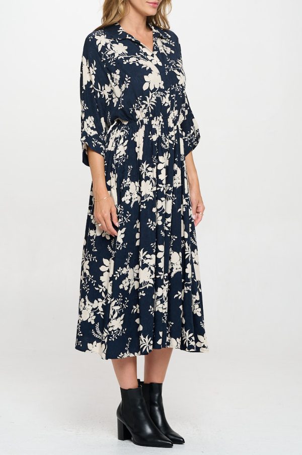 Floral Print Collared V neck Dress with Pockets - Image 4
