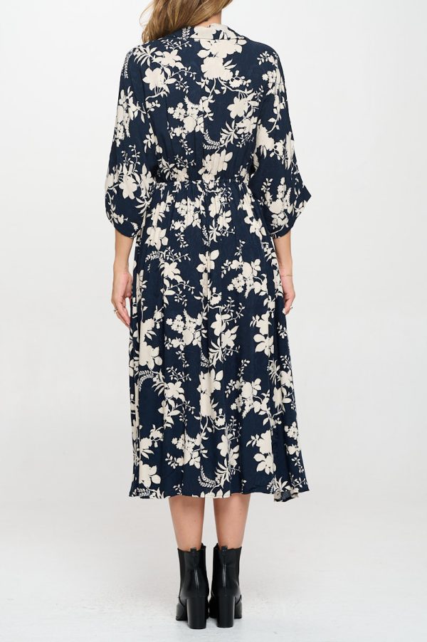 Floral Print Collared V neck Dress with Pockets - Image 5
