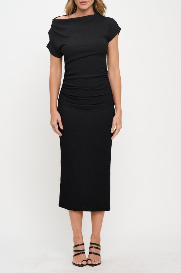 Textured Cowl neck Midi Bodycon Ruched Dress - Image 2