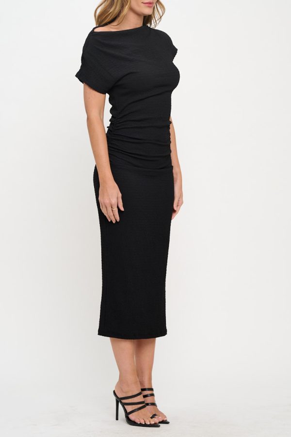 Textured Cowl neck Midi Bodycon Ruched Dress - Image 3