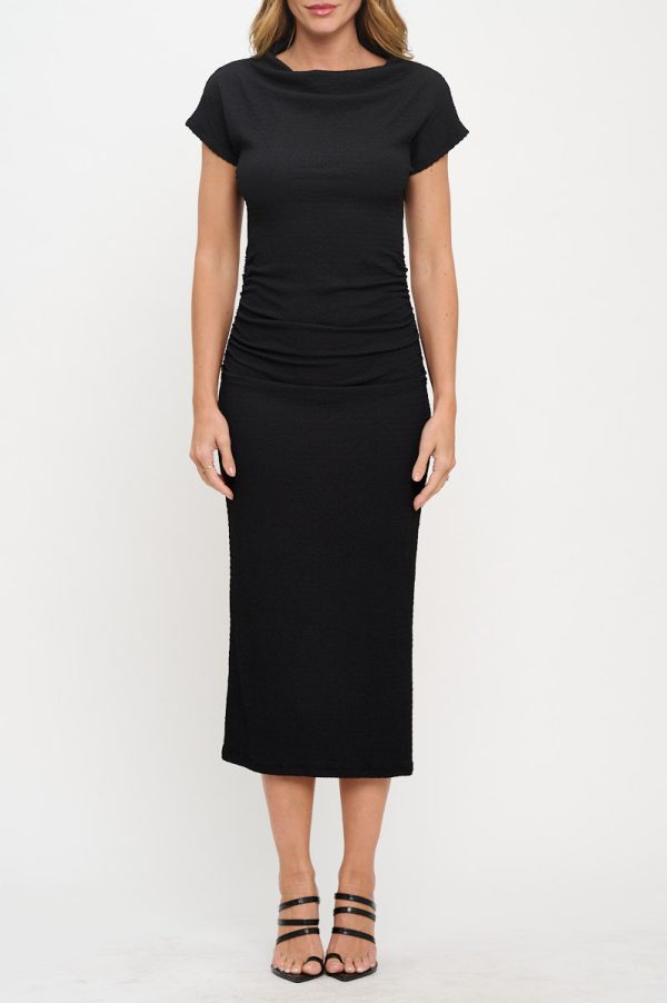 Textured Cowl neck Midi Bodycon Ruched Dress - Image 4
