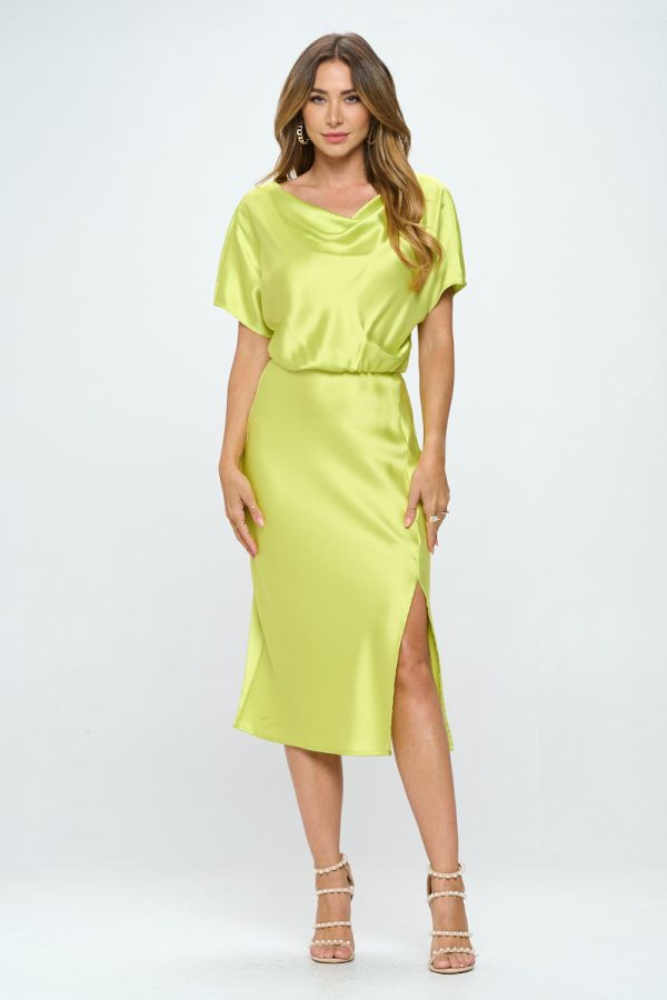 Satin Stretch Print Dress with Slit - Image 5