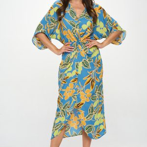 Leaf Print Kimono Dress with Front Twist