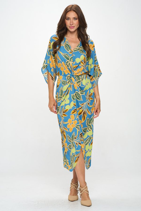 Leaf Print Kimono Dress with Front Twist - Image 2