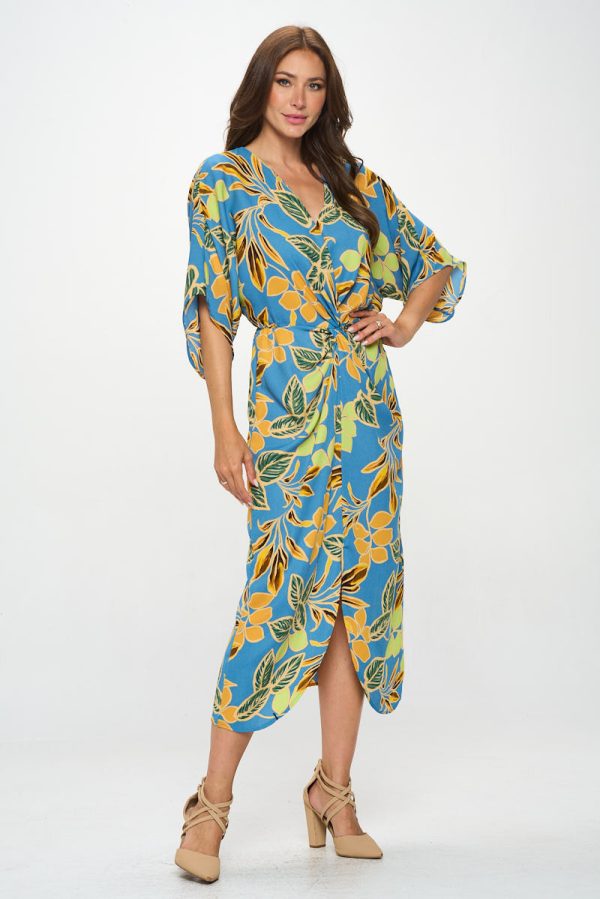 Leaf Print Kimono Dress with Front Twist - Image 3
