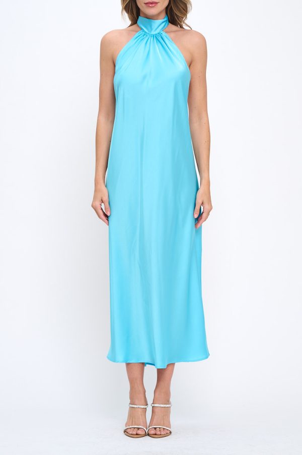 Solid Satin Halter neck Backless Midi Dress - Image 2