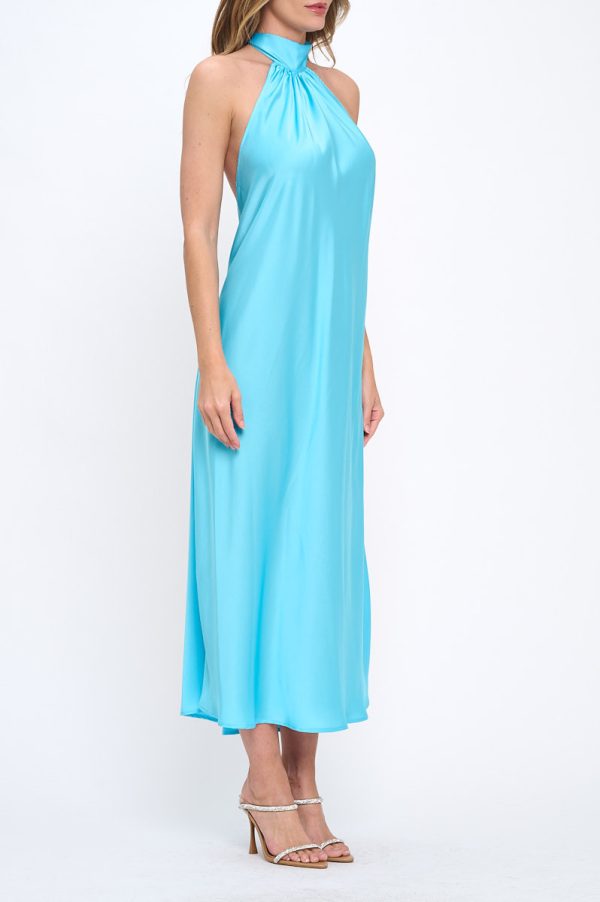 Solid Satin Halter neck Backless Midi Dress - Image 3