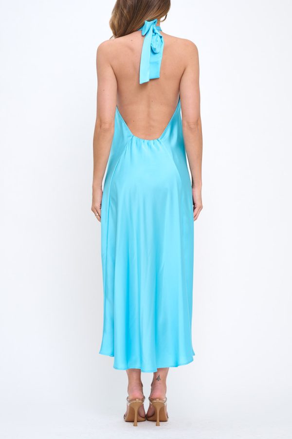 Solid Satin Halter neck Backless Midi Dress - Image 4