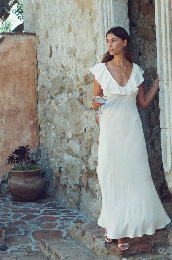 Florence Dress - Ivory Silk Dress With Neckline Lace Trim - Image 2
