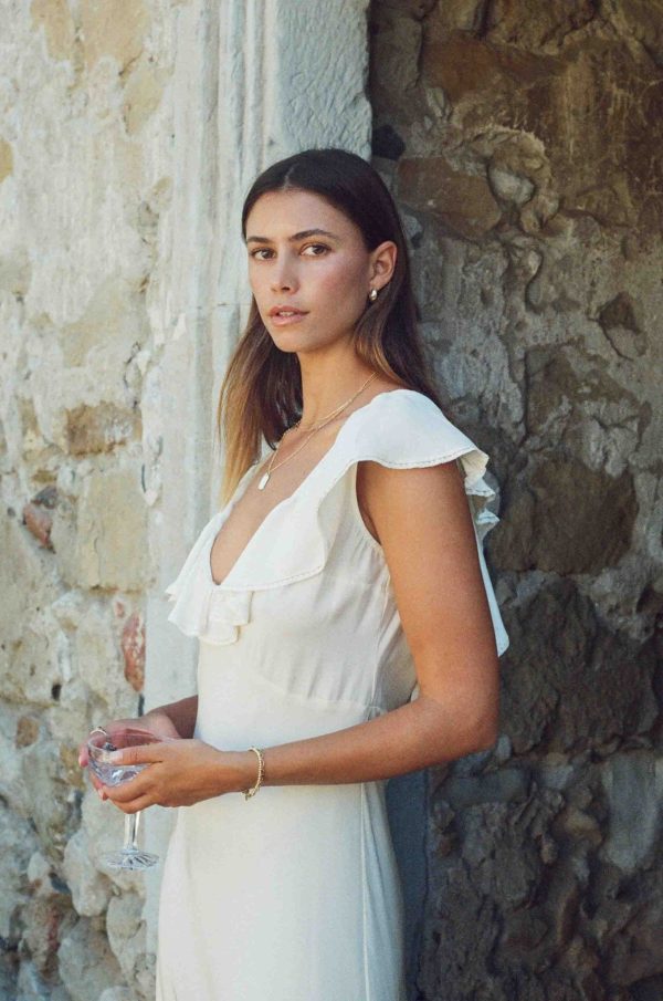 Florence Dress - Ivory Silk Dress With Neckline Lace Trim - Image 4