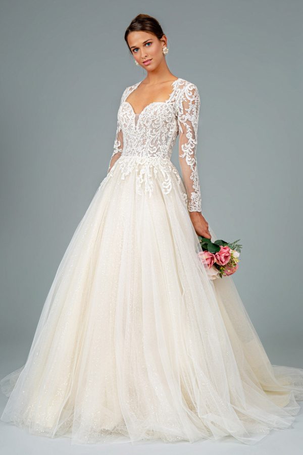 Illusion V-Neck Embroidered Mesh w/ Sequin Lining Long Wedding Dress GLGL1804 - Image 14