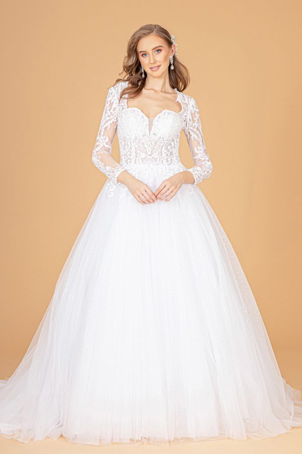 Illusion V-Neck Embroidered Mesh w/ Sequin Lining Long Wedding Dress GLGL1804 - Image 7