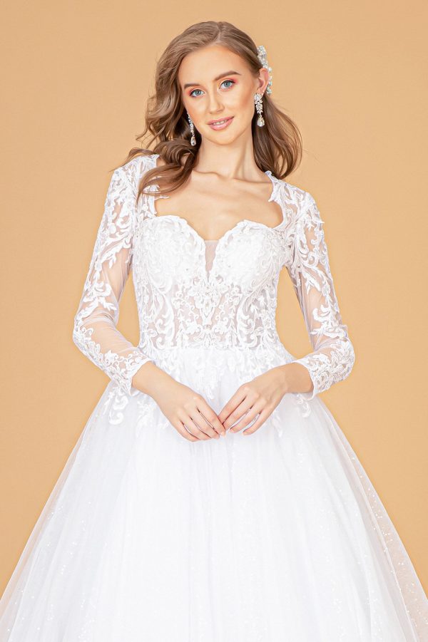 Illusion V-Neck Embroidered Mesh w/ Sequin Lining Long Wedding Dress GLGL1804 - Image 3