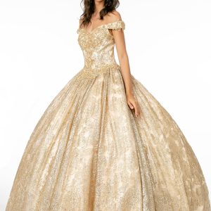 Sweetheart Neckline Cut-Away Shoulder Glitter Mesh Long Quinceanera Dress GLGL1820