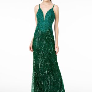 Illusion V-Neck Embroidered Top and Sequin Skirt Mermaid Long Prom Dress GLGL1824