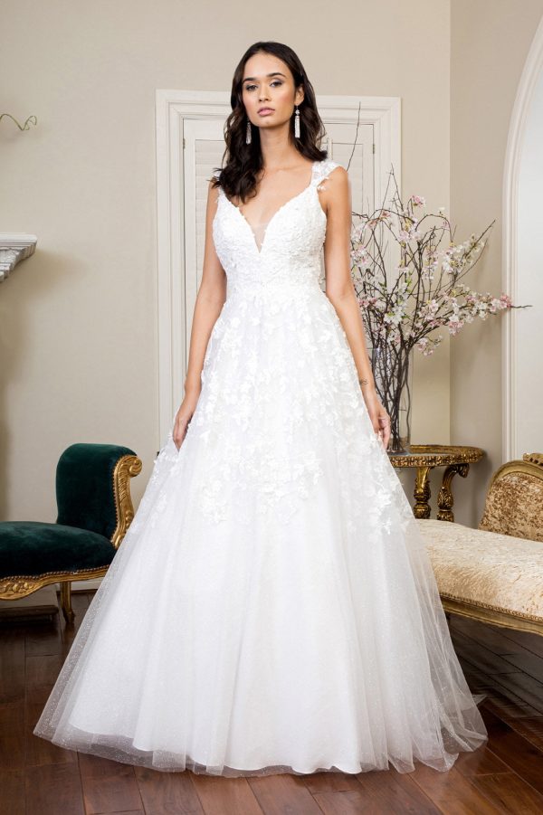 3D Floral Embroidery Cap Sleeve V-Neck Glitter Mesh Wedding Gown - Mask Not Included - Image 6