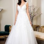 3D Floral Embroidery Cap Sleeve V-Neck Glitter Mesh Wedding Gown - Mask Not Included