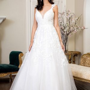 3D Floral Embroidery Cap Sleeve V-Neck Glitter Mesh Wedding Gown - Mask Not Included