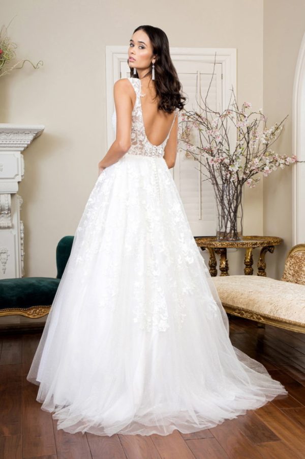 3D Floral Embroidery Cap Sleeve V-Neck Glitter Mesh Wedding Gown - Mask Not Included - Image 2