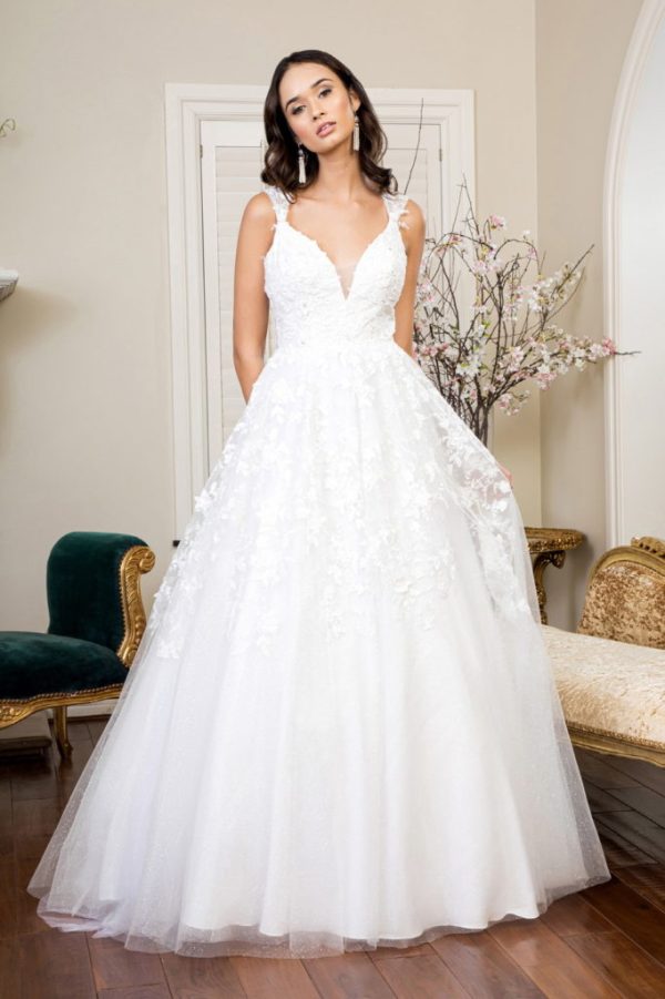 3D Floral Embroidery Cap Sleeve V-Neck Glitter Mesh Wedding Gown - Mask Not Included - Image 5