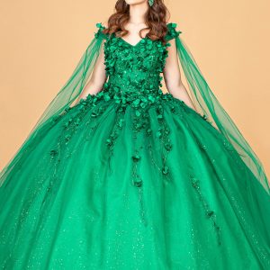 3D Floral Applique Glitter Mesh Detachable Cape Sleeve Long Quinceanera Dress GLGL1974