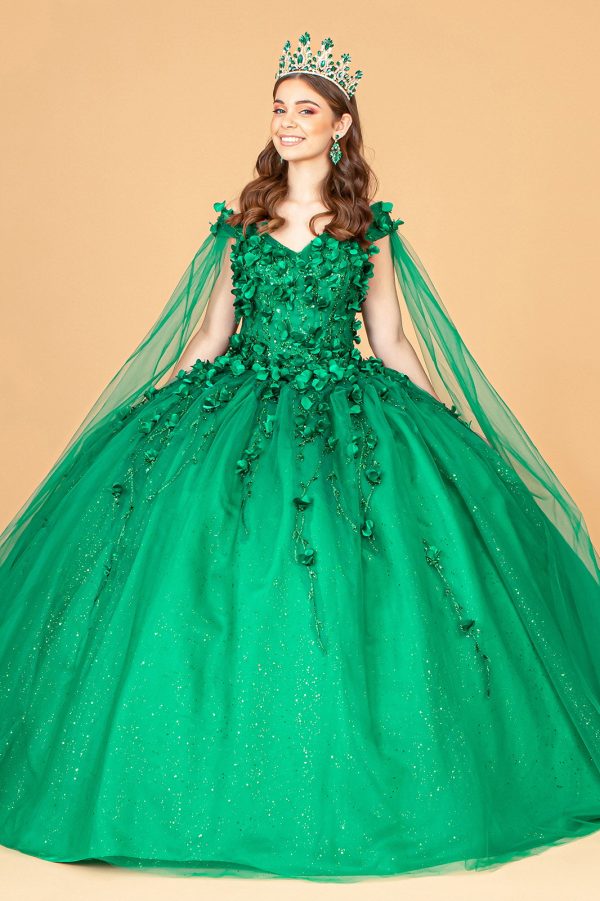 3D Floral Applique Glitter Mesh Detachable Cape Sleeve Long Quinceanera Dress GLGL1974