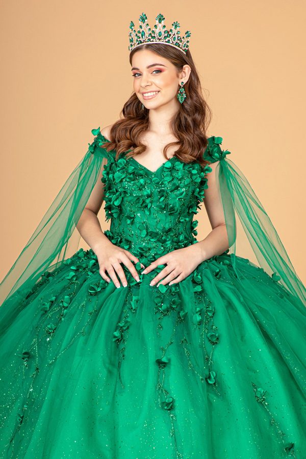 3D Floral Applique Glitter Mesh Detachable Cape Sleeve Long Quinceanera Dress GLGL1974 - Image 7