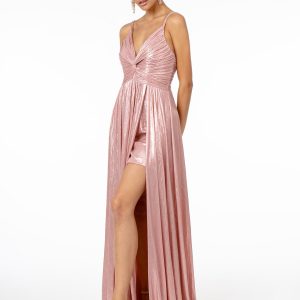 Pleated Bodice Metallic Lame w/ Leg Slit Long Prom Dress GLGL2927
