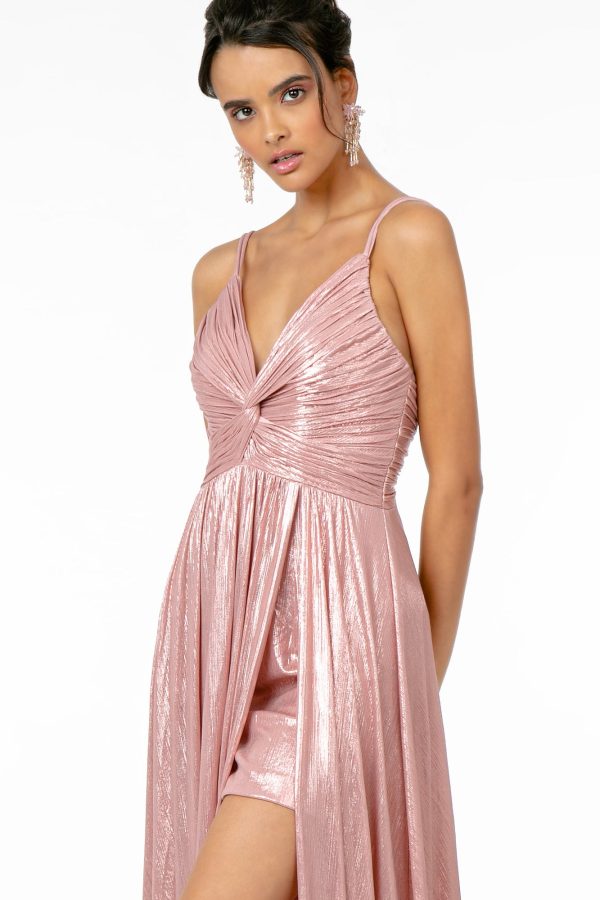 Pleated Bodice Metallic Lame w/ Leg Slit Long Prom Dress GLGL2927 - Image 2