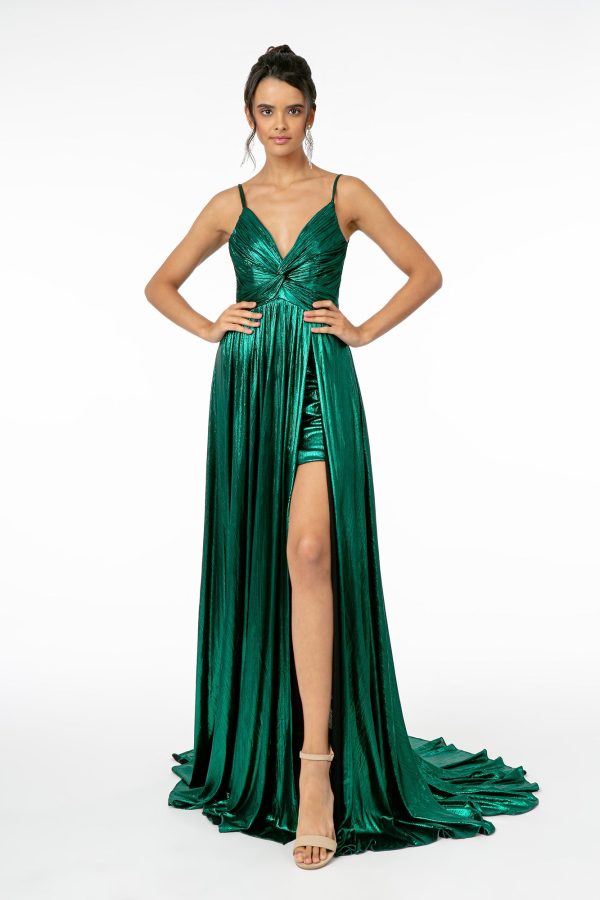 Pleated Bodice Metallic Lame w/ Leg Slit Long Prom Dress GLGL2927 - Image 19