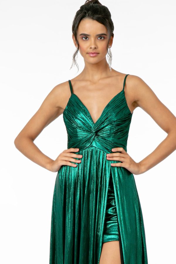 Pleated Bodice Metallic Lame w/ Leg Slit Long Prom Dress GLGL2927 - Image 4