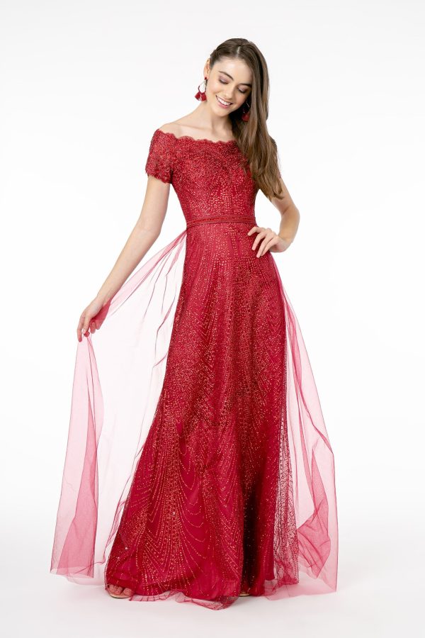 Glitter Print Mesh Cut-Away Shoulder A-Line Long Mother Of The Bride Dress GLGL2942 - Image 37