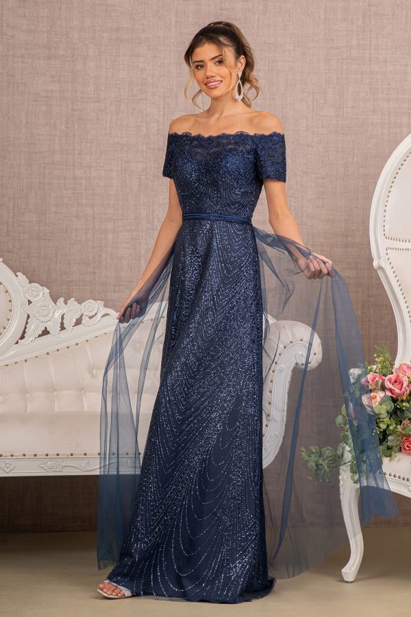 Glitter Print Mesh Cut-Away Shoulder A-Line Long Mother Of The Bride Dress GLGL2942 - Image 6