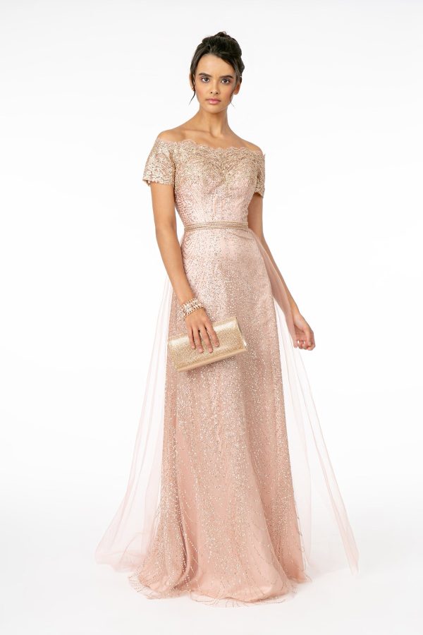 Glitter Print Mesh Cut-Away Shoulder A-Line Long Mother Of The Bride Dress GLGL2942 - Image 45
