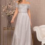 Glitter Print Mesh Cut-Away Shoulder A-Line Long Mother Of The Bride Dress GLGL2942