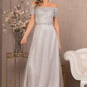 Glitter Print Mesh Cut-Away Shoulder A-Line Long Mother Of The Bride Dress GLGL2942