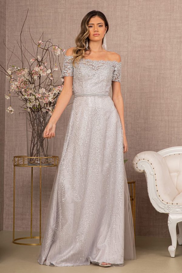 Glitter Print Mesh Cut-Away Shoulder A-Line Long Mother Of The Bride Dress GLGL2942 - Image 20