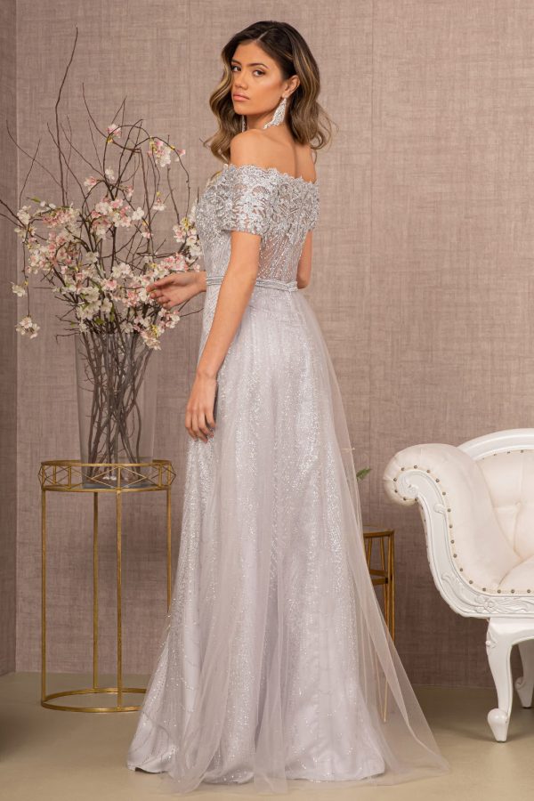 Glitter Print Mesh Cut-Away Shoulder A-Line Long Mother Of The Bride Dress GLGL2942 - Image 2
