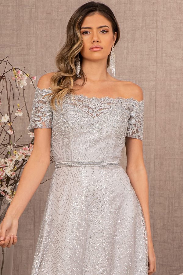 Glitter Print Mesh Cut-Away Shoulder A-Line Long Mother Of The Bride Dress GLGL2942 - Image 3