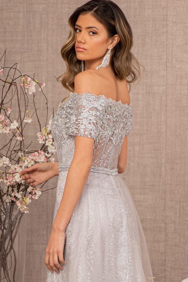 Glitter Print Mesh Cut-Away Shoulder A-Line Long Mother Of The Bride Dress GLGL2942 - Image 4