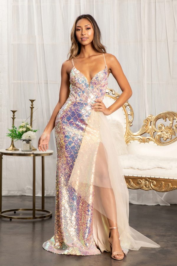 Full Iridescent Sequin Cut-Out Back w/ Detachable Mesh Layer Long Prom Dress GLGL3026 - Image 6