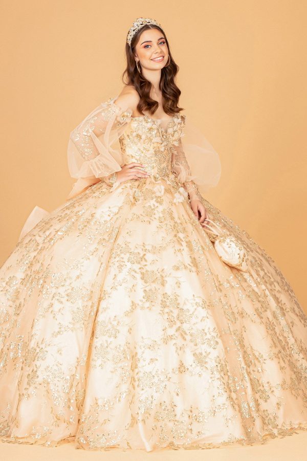 Mesh Long Sleeves w/ Detachable Ribbon and Mini Bag Quinceanera Dress GLGL3071 - Image 4