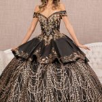Off Shoulder Satin Quinceanera Embellished with Gold Embroidery Ball Dress GLGL3098