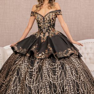 Off Shoulder Satin Quinceanera Embellished with Gold Embroidery Ball Dress GLGL3098